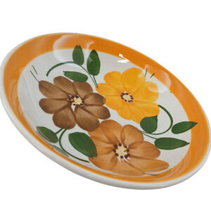 Vintage Ironstone Hand Painted Floral Plate 9” Orange Rim Made in USA